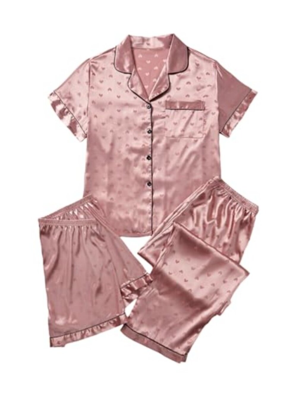 Plus Size Satin 3 Piece Pajama Set Short Sleeve Button Down Shirt Shorts Pants